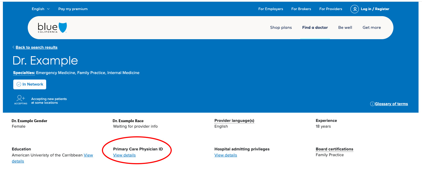 Graphic showing to click on text thay says Primary Care Physician ID