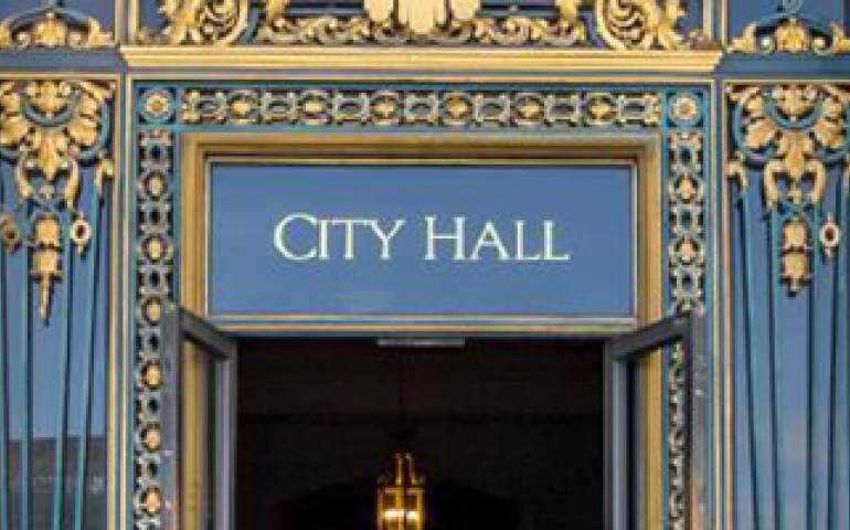 City Hall entrance and steps facing the Civic Center park.