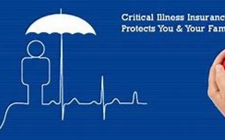 Critical Illness image of hands holding a red heart and a graphic drawing of a figure holding an umbrella 