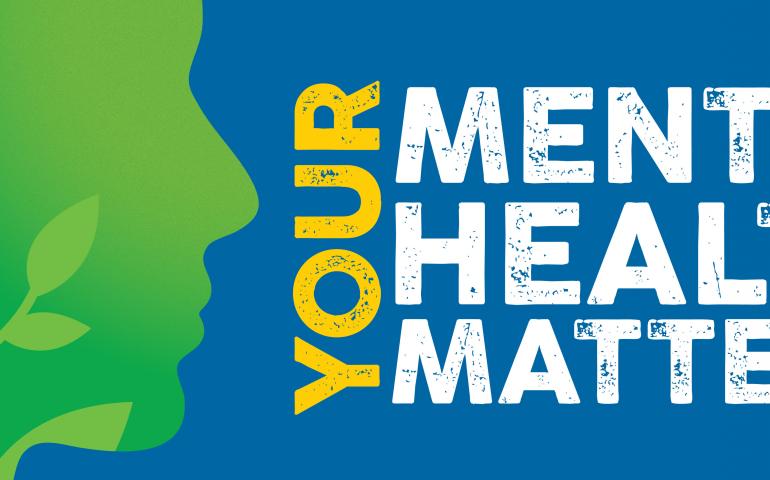 Mental Health Awareness Banner with a silhouette of a face and flowers interwined in the face with the words Your Mental Health Matters