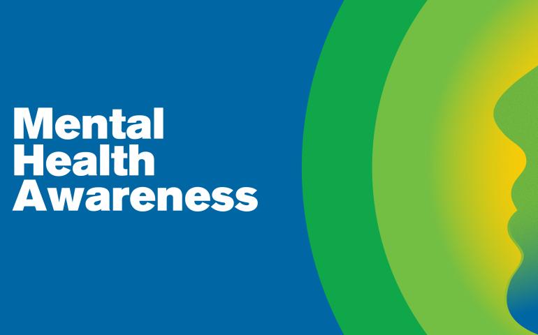 Mental Health Awareness Banner with Logo, ribbon and silhouette of a face