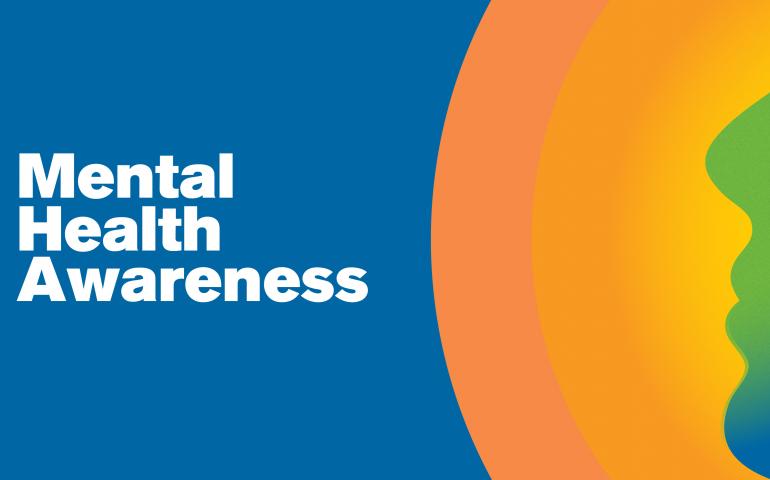 Mental Health Awareness Banner with Logo, ribbon and silhouette of a face