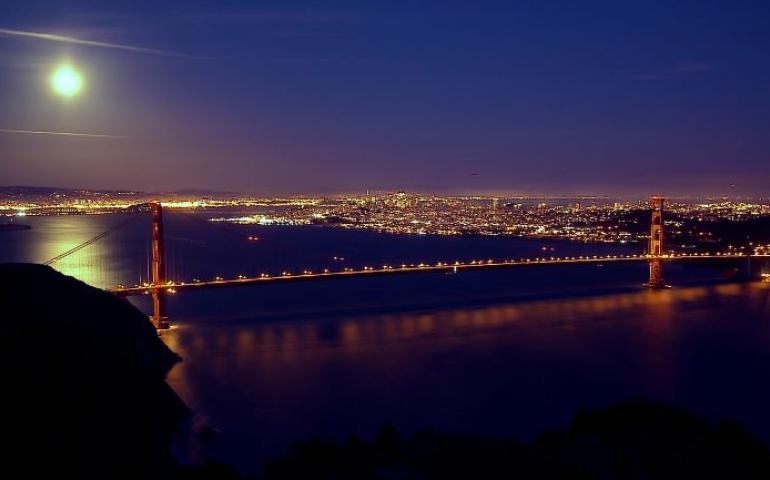 Meditation video SF Golden Gate bridge at night over water with moon