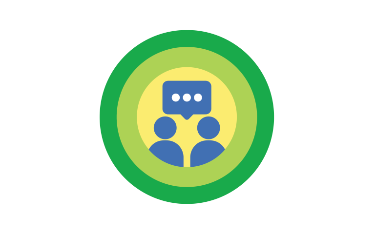 Circular icon with graphic of two people having conversation bubble